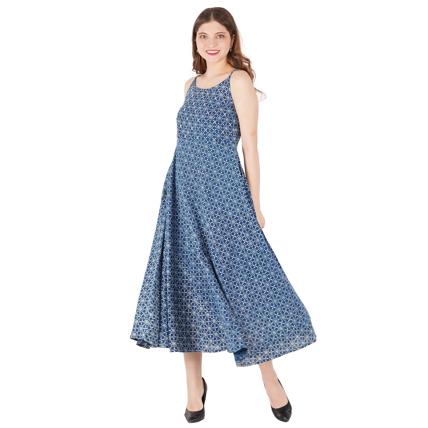 Indigo Cotton Hand Block Printed Dress With Hand Emb At Yoke